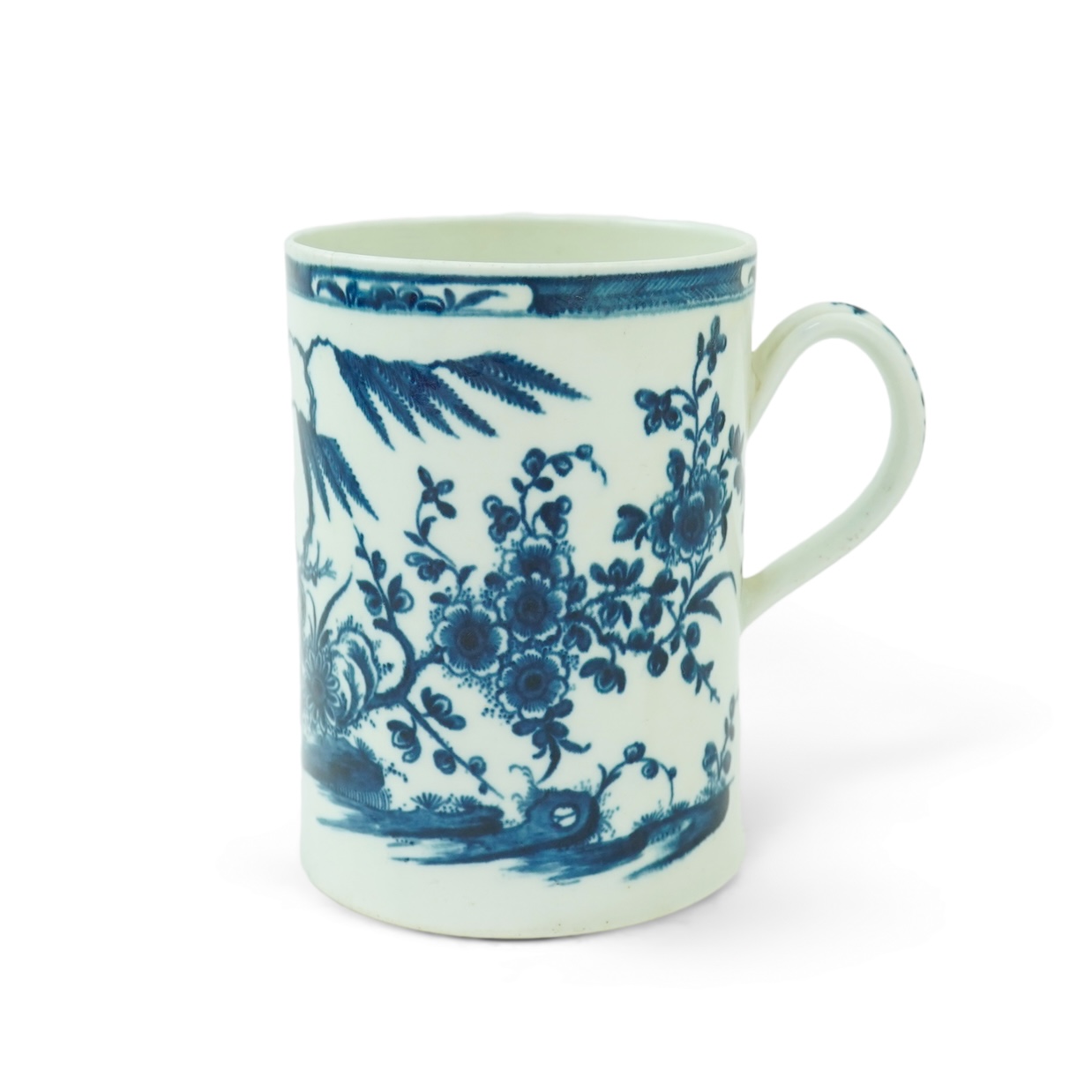 A Worcester blue and white mug decorated with the Candle Fence pattern, c.1760-1770